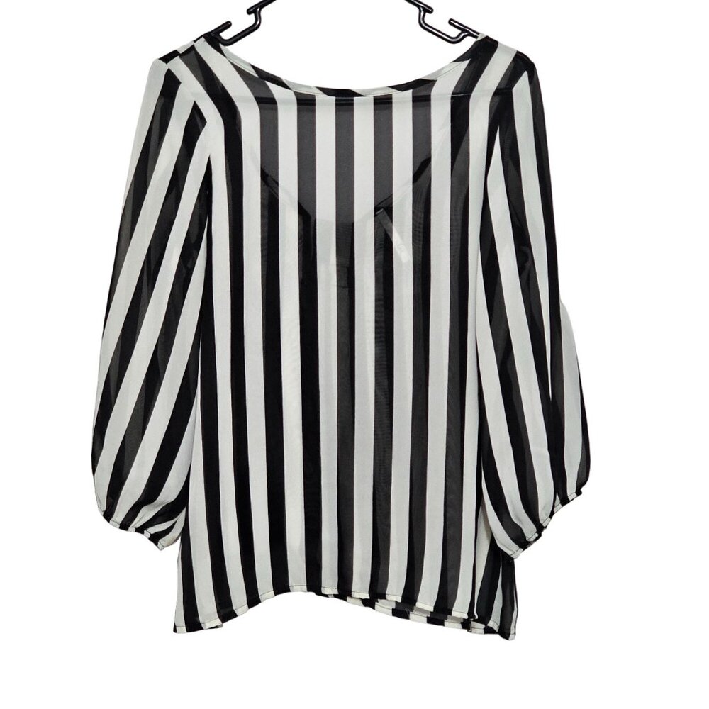 Vale Sheer Black White Vertical Striped Blouse Huge Ruffle Bow on Back SO CUTE